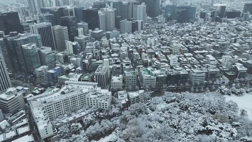 Aerial View of Seoul city in South Korea, Gangnam, Winter, Snow