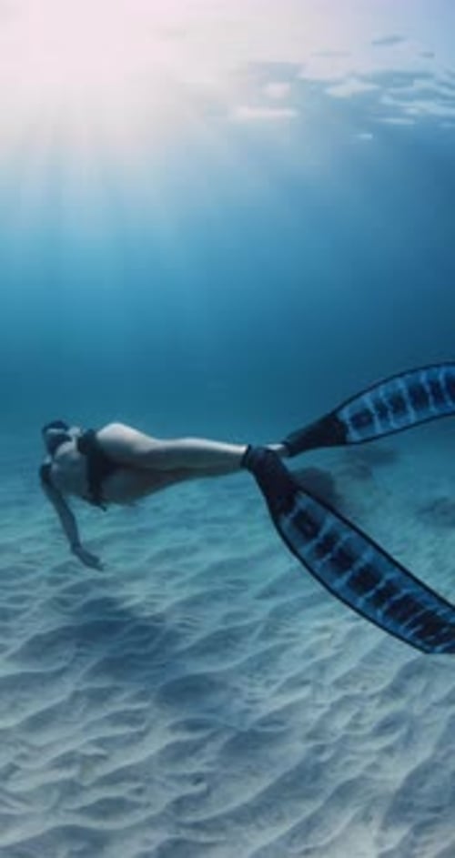 Freediving Woman Enjoying Underwater in Blue Ocean Over Sandy Sea Bottom Vertical Shot with Sexy