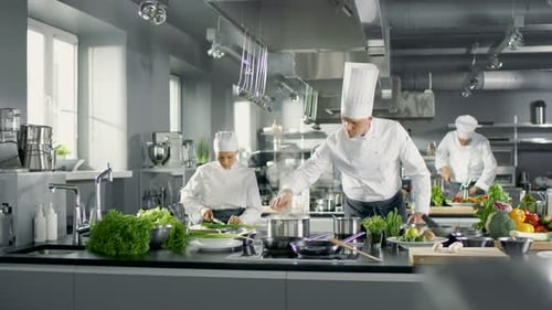 Famous Chef Works in a Big Restaurant Kitchen with His Help.