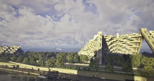 Diseño arquitectónico único a lo largo de la costa de un río con cielo nublado
