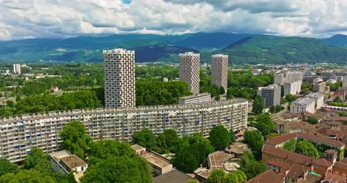 Aerial View of Grenoble Panoramic View Featuring the Isere River Urban Landscape Mountains in the