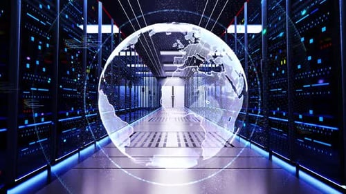 Digital Globe Spinning Network Connections Growing Data Center Server Room