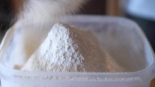 Flour being poured into a clear plastic container, creating a small mound of fine powder