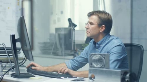 Busy Engineering Bureau. Chief Engineer Working at His Desk, Some Technical Components Lying on His