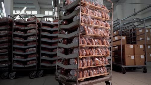 Rack with ready-packed fresh bread. Bread factory indoors. Food production