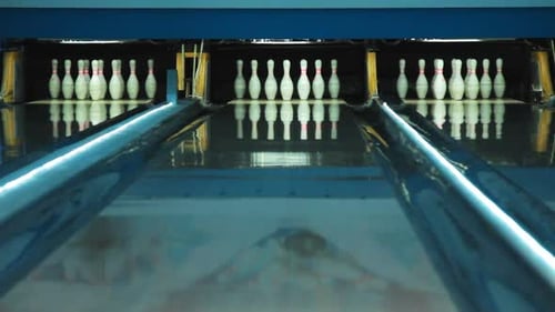 Colorful Bowling Alley. Pink Bowling Lane Waiting for Gamers. Bowling Pins Standing