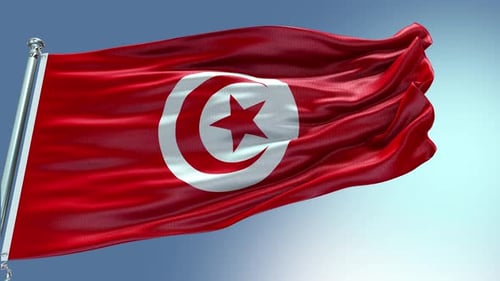 Realistic Tunisia Flag Waving in Wind Against Blue Sky