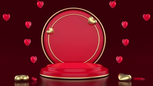 Decorative Red Stage Reveal With Golden Hearts Animation