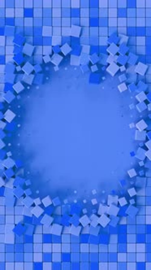 Blue Abstract Vertical Cube Explosion Forming Symmetric Circular Pattern. Looped 3D rendering