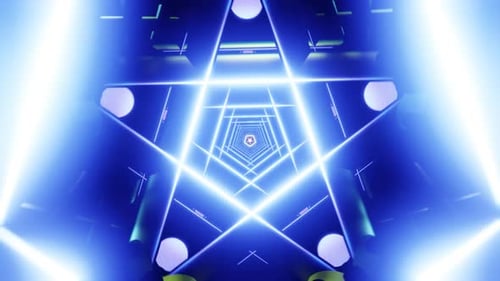 Pentagonal Neon Tunnel VJ Loop with Rotating Chrome Tubes and Kaleidoscope Glow