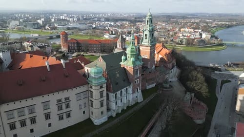 Orbit Flight Around the Wawel Royal Castle Early Morning at Dawn Cracow Poland