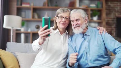 Senior Couple Video Chatting On Smartphone At Home