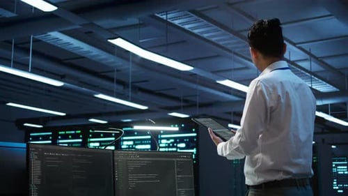 Focused Adult Using Tablet in Data Center