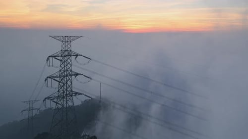 Power Towers in Sea of Clouds at Sunset in Meishan, Taiwan