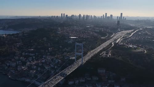 Aerial Bosphorus Bridge Cityscape with Traffic in Istanbul