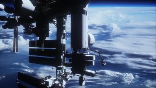 International Space Station on Orbit of Earth Planet View From Outer Space