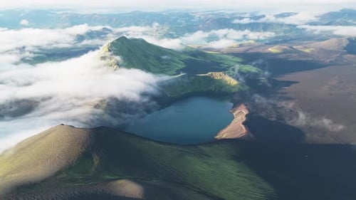 Aerial view of Blahylur crater lake, Iceland.