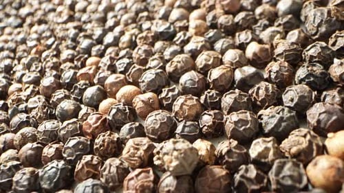 Macro View of Black Peppercorns Scattered Under Natural Light