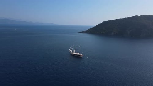 Aerial Large Sailboat is Sailing in the Ocean