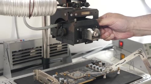 23k. Infrared soldering station setup and GPU chip desoldering process. Maintenance and repair of co