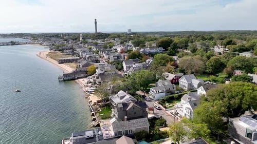 aerial low pan over homes in provincetown massachusetts