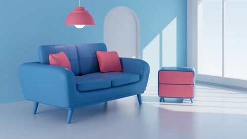 Interior geometric building and sofa model, 3d rendering.