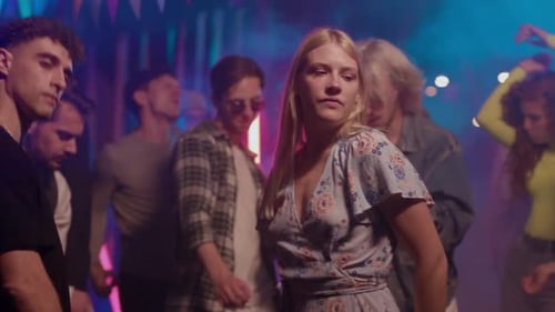 Girl Dance with Group of Friends Together Enjoying Party Music at Night Having Fun Celebrating