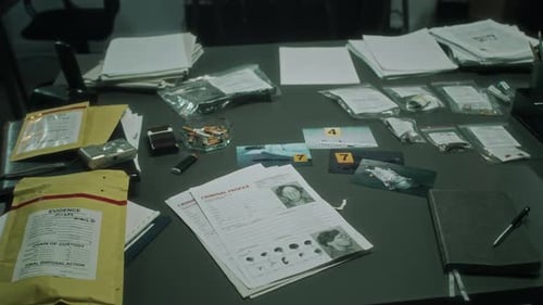 Table with Murder Evidence in Situation Room at Police Station