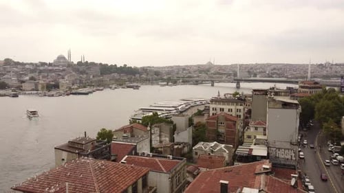 Aerial drone video of istanbul bosphorus sea with bridge and city view in the background