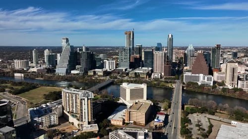 Aerial view of the city of Austin, fall day in south USA - tracking, drone shot