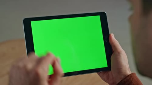 Mockup Tablet Worker Scrolling Display Browsing Social Media at Office Closeup