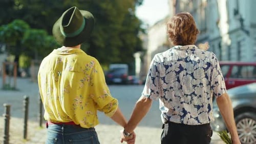 Shot Back Young Gay Couple Hold Hands Hug Each Other Walk at Street Friendship Relationship
