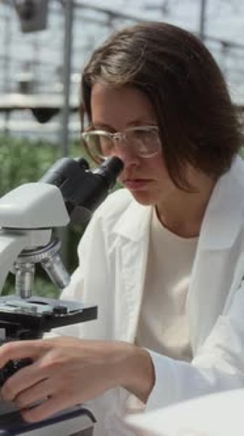 Young Woman Uses Microscope in the Workplace