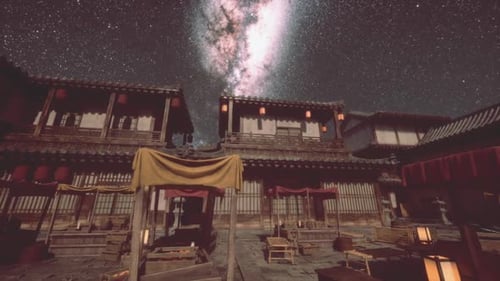 Stunning Night View of a Historic Japanese Village Under a Starry Sky