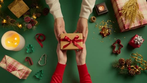 Hands Passing Christmas Gift on Festive Table