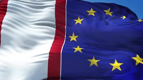 European Union And Red And White Flag Waving In Wind