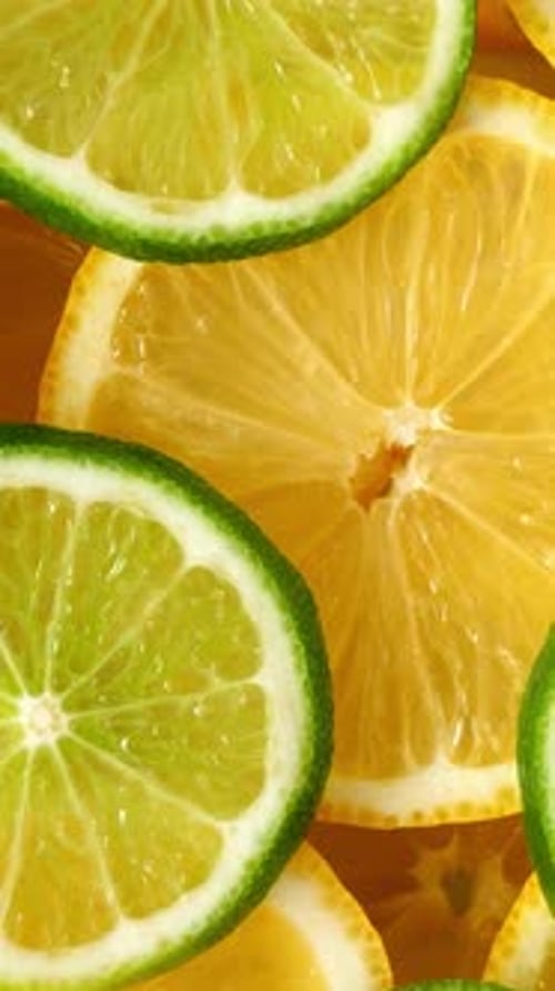 Lime and Lemon Slices Closeup Background Top View Rotating Vertical Footage
