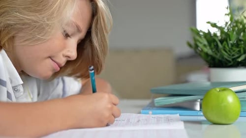 Middle School Smiling Student Boy Sitting at Desk Studying Writing Book Homework and Tablet at Class