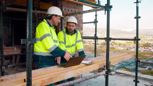 Team, discussion and laptop on construction site with clipboard, engineering plan or manager advice