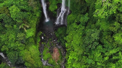 Bird's view of the tropical Sekumpul Waterfall in Bali.