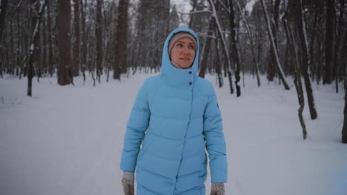 Woman Walking Alone In Cold Winter Woods Lone Female Exploring Snowcovered Trees In Cold Weather