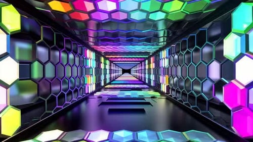 Colorful Glowing Hexagon Tunnel 3D Motion Graphics