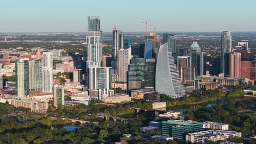 Aerial panorama overlooking the cityscape of Austin city, sunny day in Texas, USA