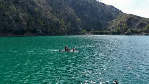 Aerial View Paddleboarding Trip Through the Green Canyon People Relax and Swim in the Summer
