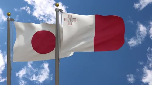 Realistic Waving Flags: Japan and Malta Against Blue Sky