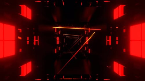Orange And Red Cyber Tunnel With Glowing Neon Lines And Squares Background Vj Loop In 4K