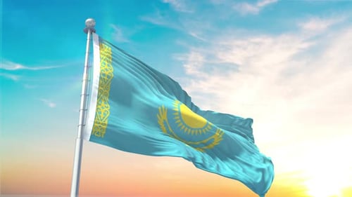 Realistic Kazakhstan Flag Waving Against Blue Sky