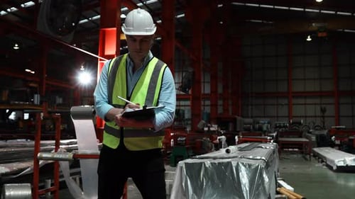 Engineer man wearing green uniform and safety white helmet under inspection