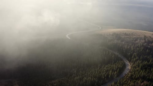 Veiled in Mist Aerial View of a Road Through Forested Hills