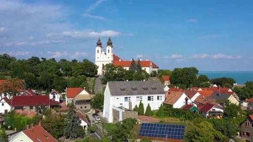 Beutiful church in summer at the lake Balaton. Tihany town, Hungary
Recorded with a DJI Mavic 2 pro